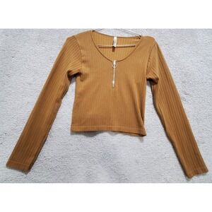 Love Charm Sweater Junior 0 Brown Rayon Stretch Knit Ribbed Half Zip Long Sleeve